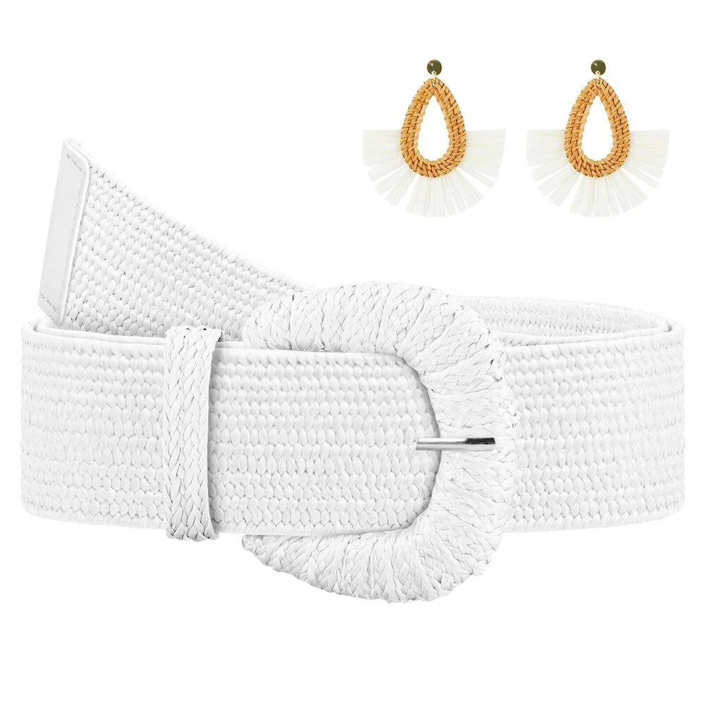 2918 Straw Woven Elastic Belt For Women, Boho Braided Raffia Waist